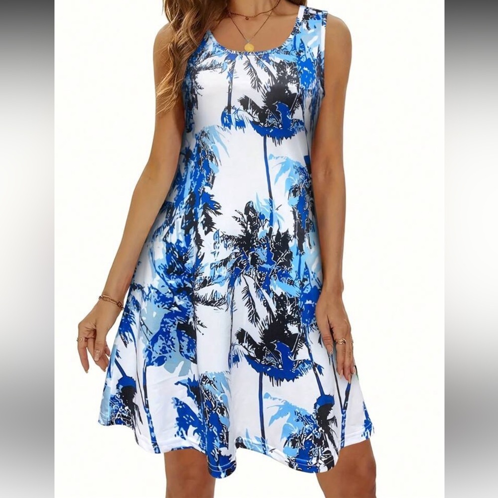 Blue and Black Palm Print Dress - Picture 4 of 5
